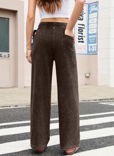 Women’s Acid Washed Wide Leg Casual Pants - Medium Coffee