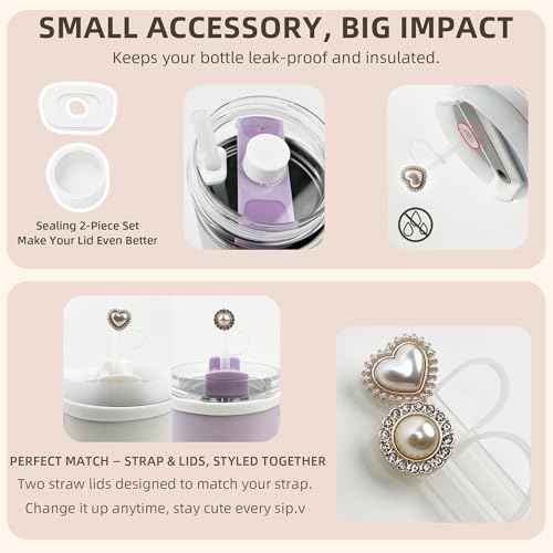 Stanley Cup Accessories Set for 30oz 40oz Tumbler, with Handle Strap, Anti-Spill Plug, Boot, Straw Cover, Cute Letter Charms, No-Residue Initial Sticker, Fits Pink Purple White Stanley Cups