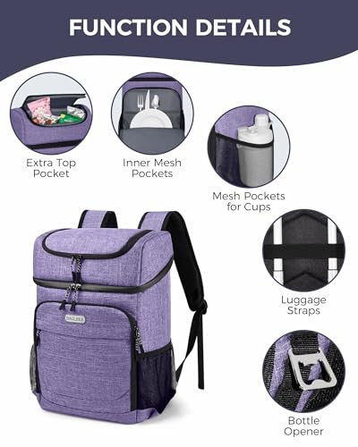 Lightweight Insulated Cooler Backpack for 30 Cans - Purple-Titan - Leak-Proof, Picnic, Hiking, Camping