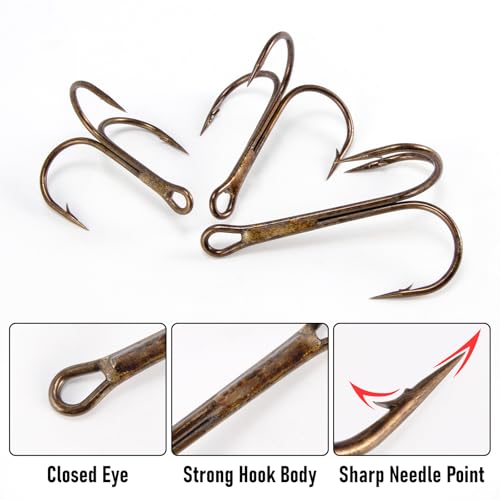 Bronze 4/0 Treble Fishing Hooks - 30 Pack, Saltwater & Freshwater