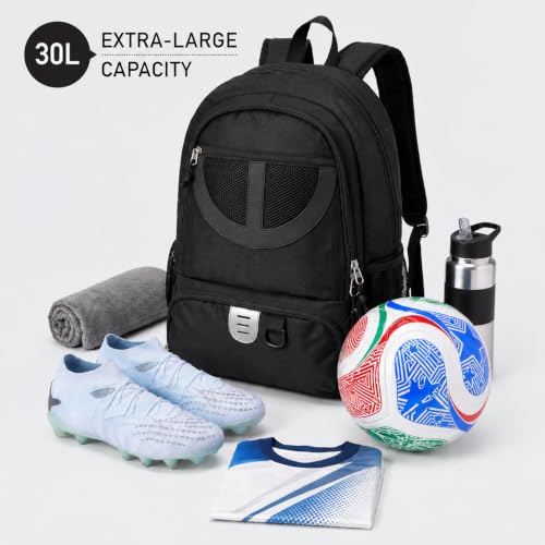 Large Black Sports Backpack with Ball & Shoe Compartments - Lightweight & Breathable