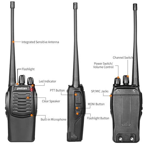pxton S1 walkie talkies for Adults with earpieces and Rechargeable 1500mAh Li-ion Battery£¬walkie Talkie has VOX£¬TOT£¬Emergency Alarm£¬Battery Low Alert£¬Flashlight£¬Scan Function£¨2 Pack£©