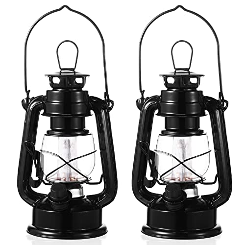 8 Inch Vintage LED Lantern Set - Black Metal Outdoor Hanging & Tabletop Decor with Dimmer Switch
