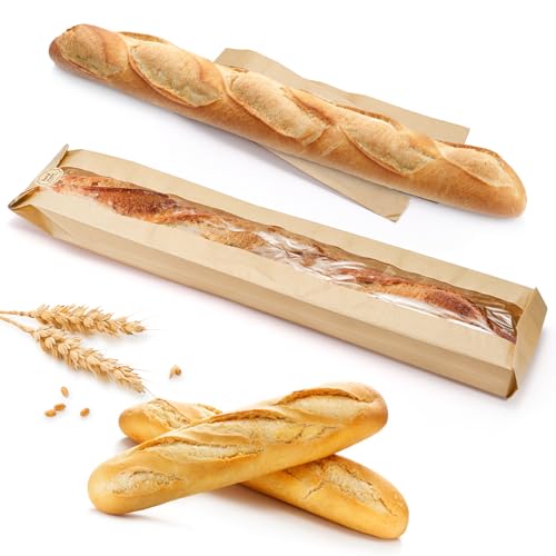 100 Pack Baguette Kraft Bags with Clear Window and Seal Stickers - 23x4x1.6 Inches
