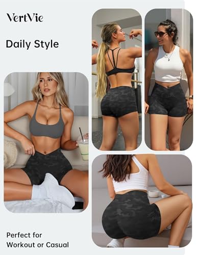 Vertvie High Waisted Crossover Gym Shorts 3-Inch Inseam Camouflage Grey XX-Large