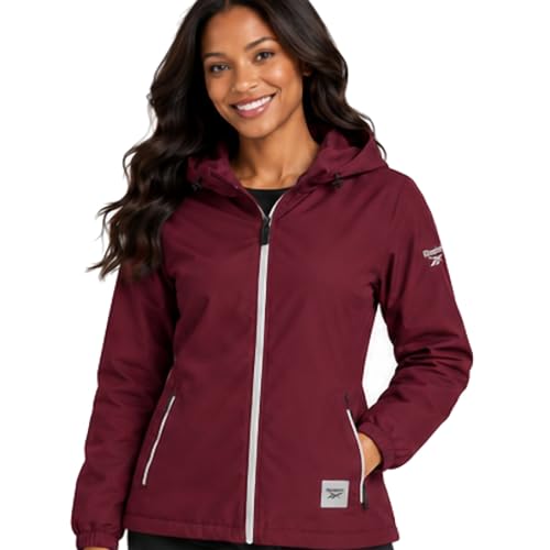 Reebok Women's Waterproof Rain Jacket with Hood - Lightweight Windbreaker, Medium / Maroon
