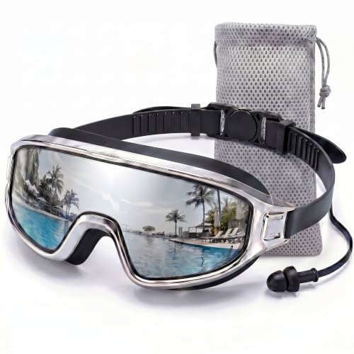 Adult Swim Goggles Wide View Anti-Fog UV Waterproof with Earplugs & Quick-Release
