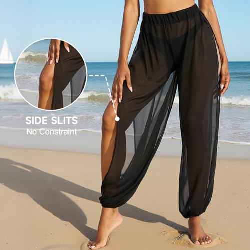American Trends Sheer Beach Mesh Swimsuit Cover Up Harem Pants for Women High Slit See Through