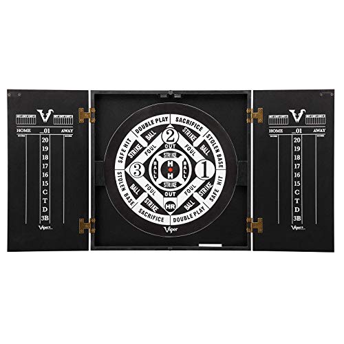 Viper Hideaway Dartboard Cabinet Set with Steel-Tip Dart Board, Reversible Board with Baseball Game Option, Two Sets of Darts, Chalk Scoreboards, and Matte Black Finish