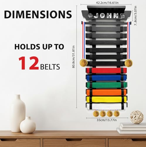12 Belt Karate Belt Display Rack with Trophy Mount - Bamboo Martial Arts Organizer - Variation of THIS listing