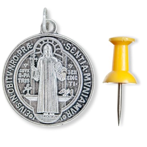 Silver Oxidized St. Benedict Medal Pendant 1.25 Inch Catholic Jewelry - Made in Italy