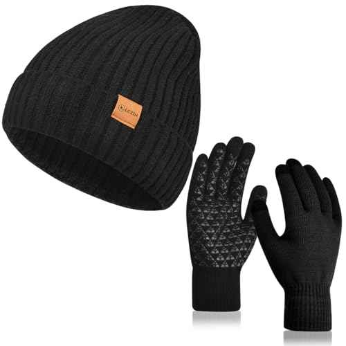 LCZTN Winter Beanie Hat and Touchscreen Gloves Set for Men and Women,Beanie Gloves Set with Warm Knit Fleece Lined