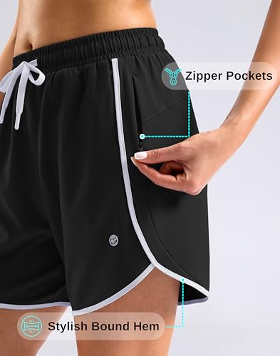 Women’s 5" Swim Shorts with Zipper Pockets & Quick Dry Liner - Black, Large