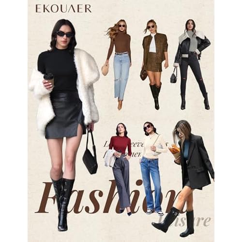Ekouaer Mock Turtle Necks Tops for Women Long Sleeve Ribbed Shirts Thermal Slim Fit Lightweight Undershirts S-XXL