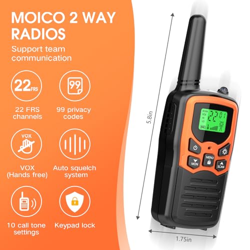 MOICO Walkie Talkies Two-Way Radios for Adults - 4 Pack, Orange, 22 Channels
