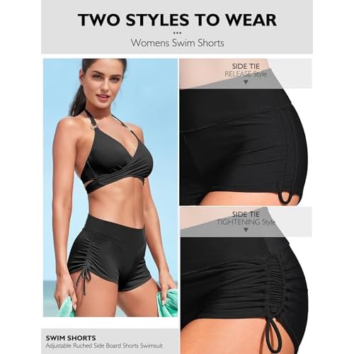 Buauty Women's Swim Shorts High Waisted Bathing Suit Bottoms Adjustable Side Tie Swimsuit Boy Short Pants Swimwear UPF50+