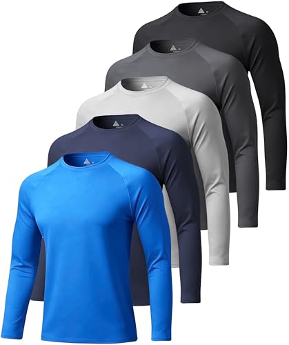 Men's Long Sleeve Shirts UPF 50+ Moisture-Wicking Activewear Pack Large - Sky Blue, Light Grey, Dark Blue, Black, Dark Grey