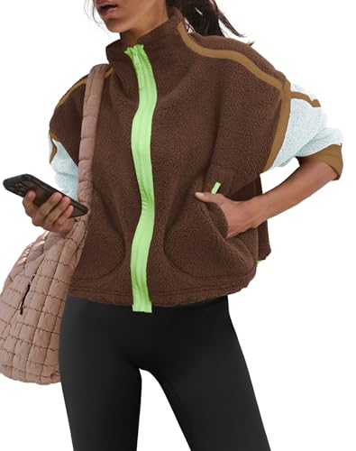 Women’s Zip Up Fleece Jacket Long Sleeve Sherpa Sweatshirt Small Cocoa Sky Combo