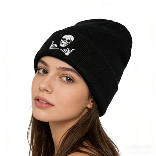 Winter Embroidered Skeleton Beanie Hat Skull Cap for Men Women - Black & White