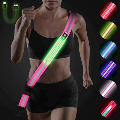 LED Reflective Belt Sash,6 Colors & 3 Light Modes High Visibility Night Rechargeable Safety Belt Adjustable Reflective Running Gear for Men Women Running Cycling Walking and Dog Walking