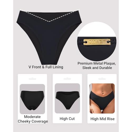 Zmart Women V Cut Cheeky Bikini Bottoms - Mid Waist High Cut Swim Bathing Suit Bottoms V Front Swimsuit