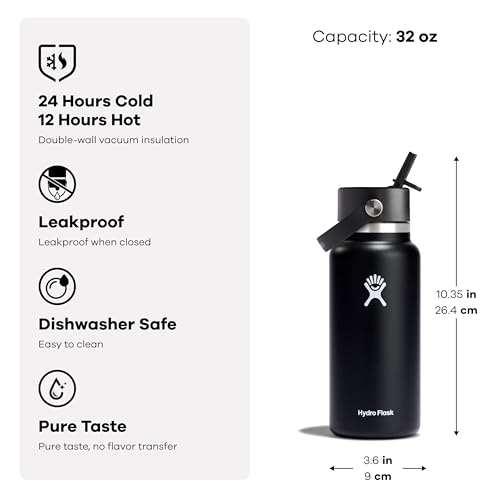 32 Oz Wide Mouth Insulated Water Bottle with Leakproof Flex Straw Cap