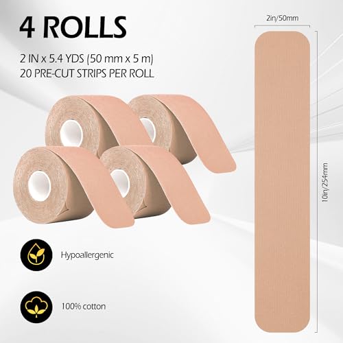 Kinesiology Tape,Precut Kinesiology Strips 4 Rolls 80 Precut 10" Strips Each, Mix Color