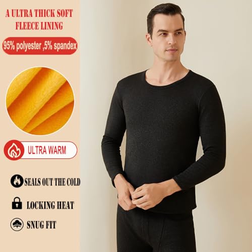 Men's Heavyweight Thermal Underwear Set Fleece Lined Base Layer Long Johns - Black, Large
