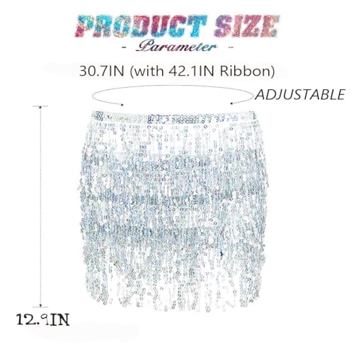 REETAN Sequin Tassel Belly Dance Skirt - Silver Short Fringe Wrap for Women
