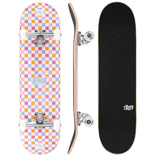 Pastel Checker Pink Complete Beginner Skateboard 31" with Skate Tool