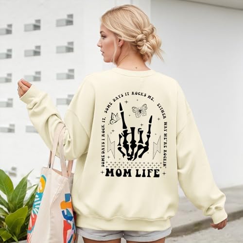 Mom Life Sweatshirt Mama Sweatshirts for Women Skeleton Halloween Long Sleeve Shirt Rock Crewneck Graphic Pullover