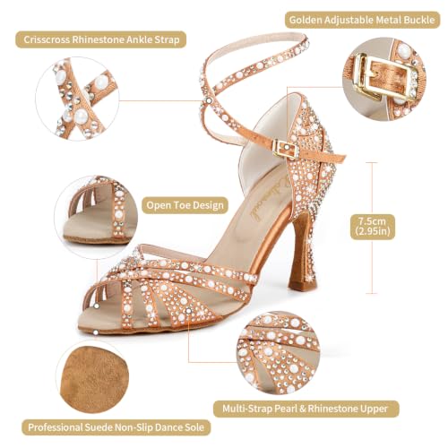 Women's Sparkly Crystal Latin Dance Heels - 7.5 Tan, 2.95in Heel, Adjustable Ankle Clasp