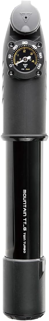Topeak Mountain TT Twin Turbo Mini Pump with Gauge, 60 Psi / 4 Bar, Fits Presta, Schrader, and Dunlop valves