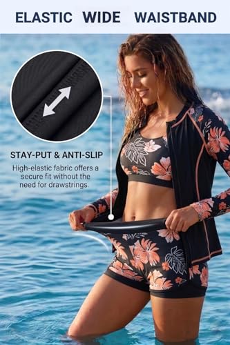 Daci 3-Piece Rash Guard Set with 3" Shorts - Large Black Floral
