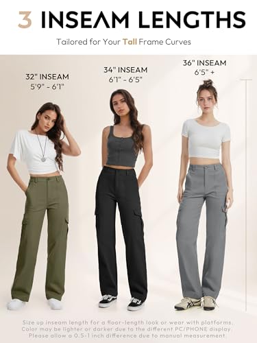 Tall Women's Cargo Pants - 36 Inseam, Black, Straight Leg, 6 Pockets, Work & Casual Wear