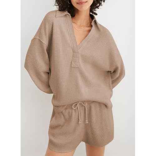 AlvaQ Womens Oversized Sweatshirt Loose V Neck Long Sleeve Lapel Collared Waffle Knit High Low Pullover Tops