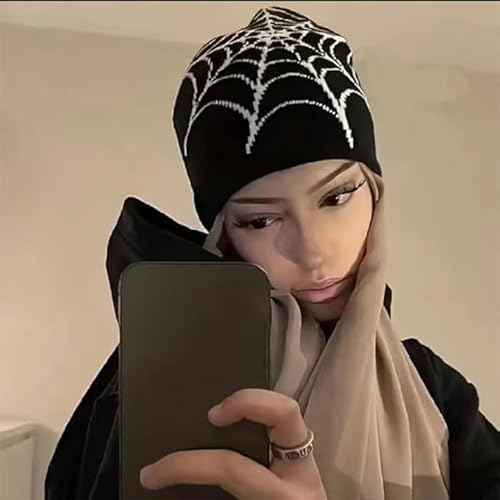 Pooyikoi Y2K Gothic Spider Pattern Wool Acrylic Knitted Hat Women Beanie Winter Warm Beanies Men Casual Skullies Outdoor