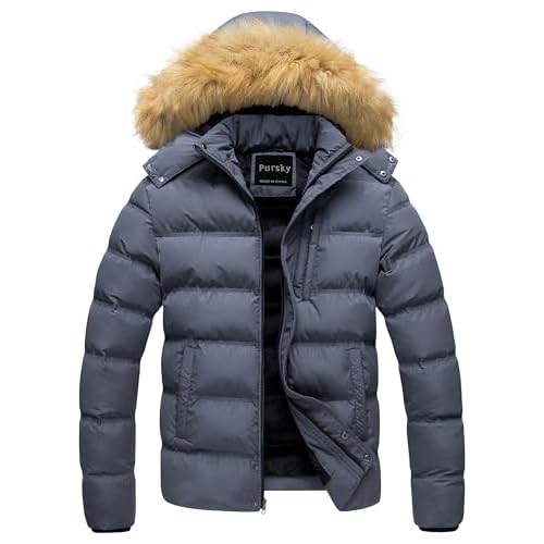 Pursky Men's Puffer Jacket Waterproof Winter Bubble Coats Ski Parka Fur Hooded