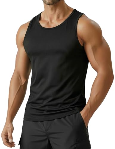 PINSPARK Men's UPF 50+ Quick Dry Athletic Muscle Tank Top Large Black