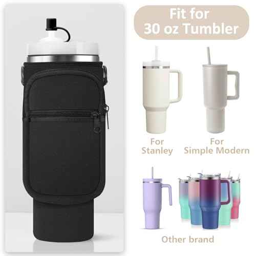 Water Bottle Carrier Bag with Strap for Stanley 40/30 oz Tumbler Neoprene Insulated Cup Holder Sleeve with Phone Pocket & Straw Cover for Stanley Cup Accessories