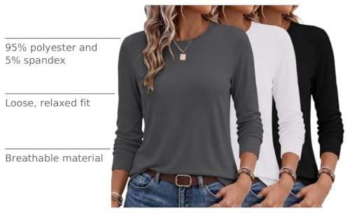 Ekouaer Women's Long Sleeve Crew Neck Tops 3 Pack - Black, White, Dark Grey