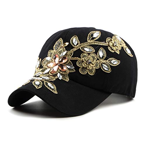 Women’s Rhinestone Baseball Cap Sun Hat with Flower Embellishments - Adjustable Denim, Black, 6 3/4-7 1/2