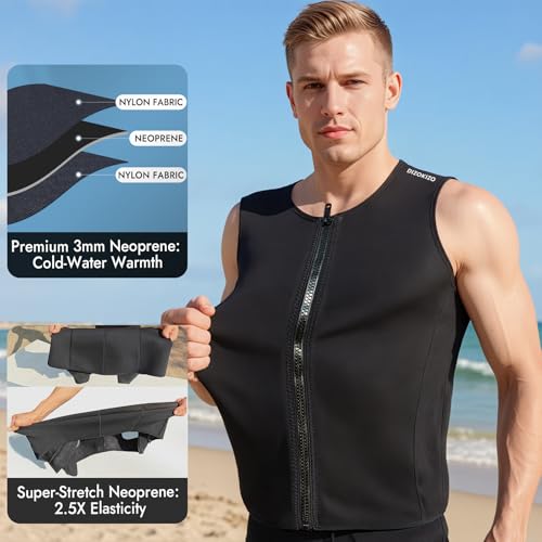 Men's 3mm Neoprene Wetsuit Vest with Front Zipper - Black, Large