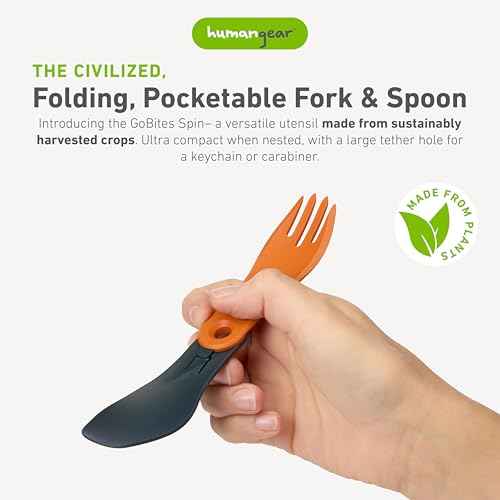 humangear GoBites Bio Spin - Compact Folding Spork for Travel, Camping & Everyday Carry - BPA-Free Bio-Based Utensil with Carabiner Hole, Dark Gray/Orange