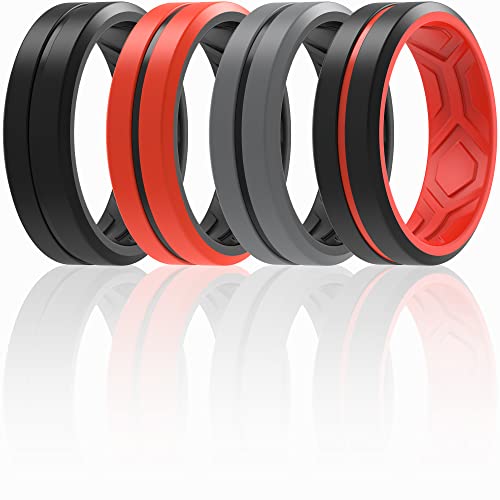 ThunderFit Silicone Wedding Rings for Men - 2 Layers Beveled Breathable 8.2mm Wide 2.5mm Thick - Pack Charcoal Black & Red / Charcoal Black & Grey