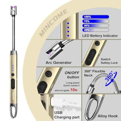 Electric Candle Lighter, USB-C Rechageable Arc Lighters for Camping, Long Lighter with 360¡Æ Neck & Safety Switch, Windproof & Flameless lighters for BBQ & Candle Lovers (Champagne Gold)