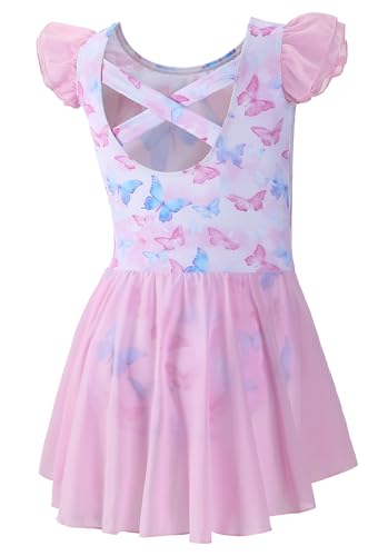 Toddler Ballet Leotard with Skirt - Pink Butterfly, Flutter Sleeve & Criss-Cross Back, 4-6 Years