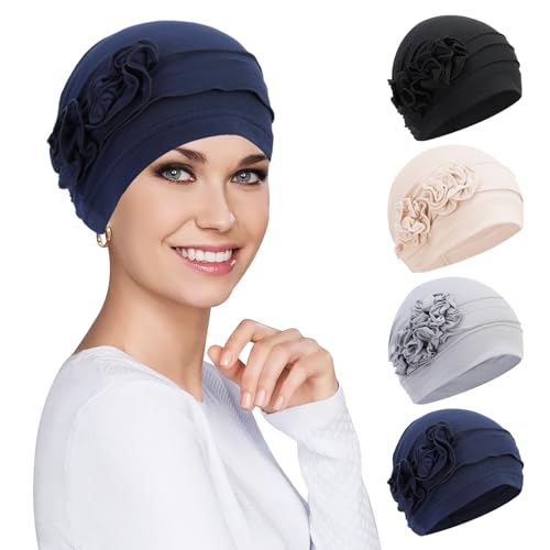Chemo Headwear for Women - 4-Pack Elastic Turban Caps with Flower Design