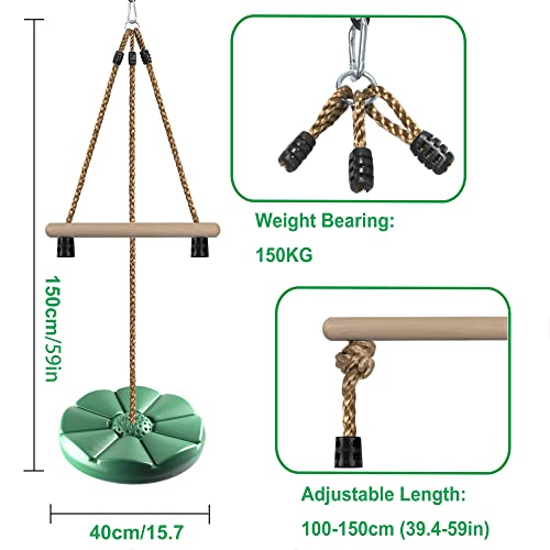 Kids Outdoor Disc Swing Set with Monkey Bars - Green, 7ft Adjustable Height