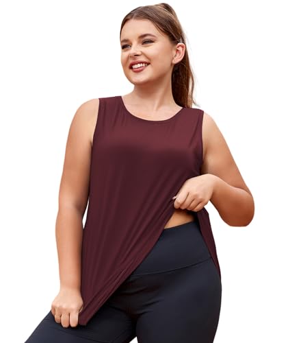 Plus Size Women's Workout Tank Top 3X-Large Sleeveless Summer Loose Fit Yoga Athletic Running Shirt - Z-Wine